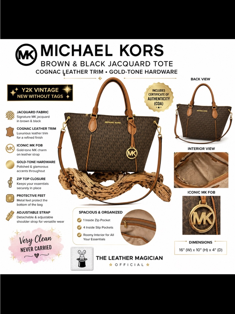 Michael Kors Y2K MK Jacquard Tote Brown Black Cognac Leather COA NWOT
